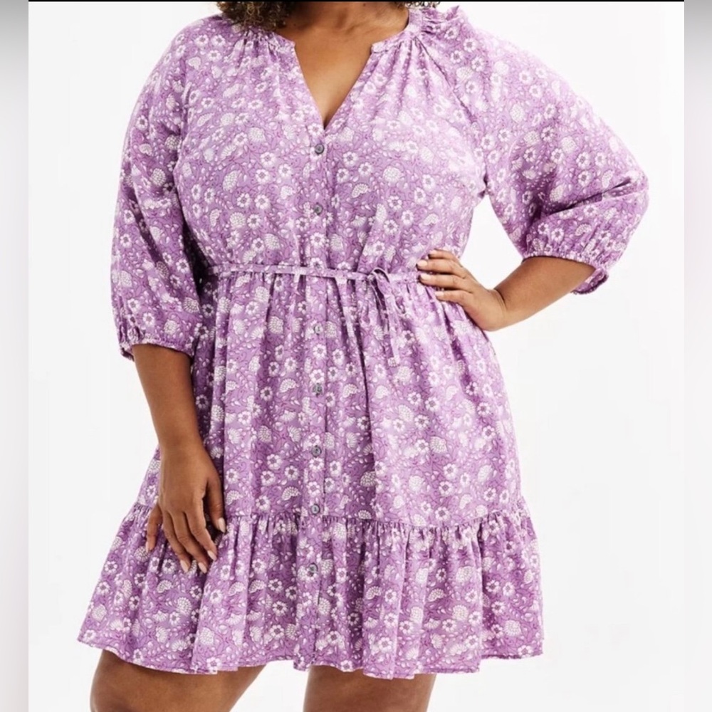 Sonoma NWT Plus 3X Purple White Floral Dress Button Front Flowy Cottagecore